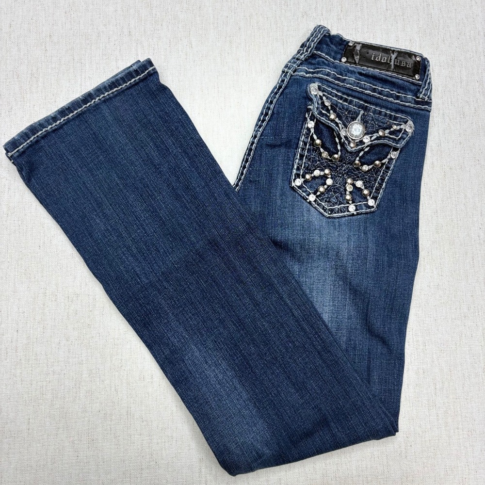 LA Idol USA Womens Bootcut Jeans Size 7 Dark Wash Rhinestone Studded Y2K 30x34